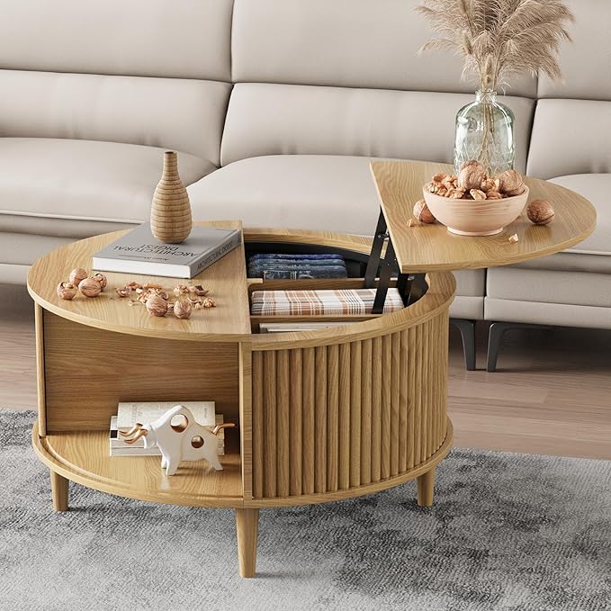 Round Coffee Table with Storage, Fluted Lift Top Coffee Table