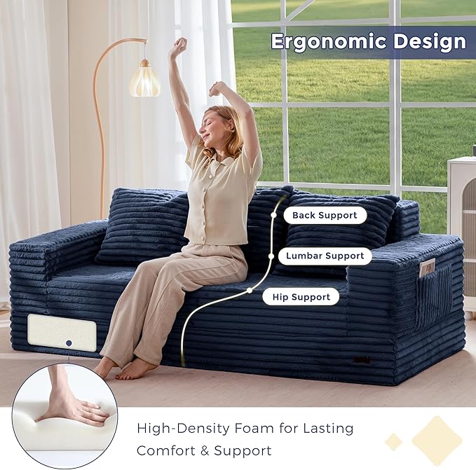 MAXYOYO Loveseat Sofa Bed, Striped Faux Fur Foldable Floor Sofa Couch in A Box