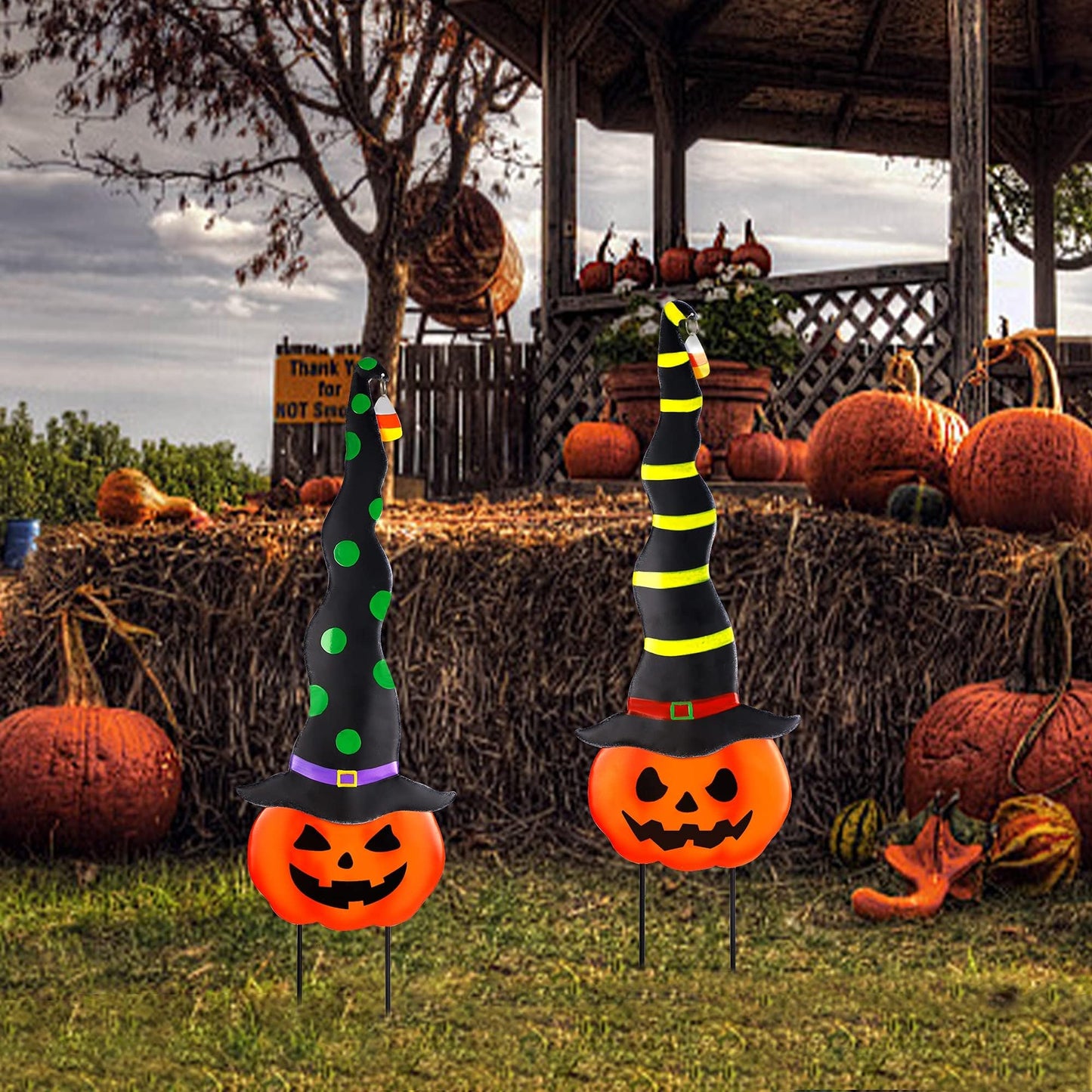 2 Pack Halloween/Thanksgiving Garden Decorations, Metal Jack-O-Lantern Yard Stakes with Witch Hats, Scary Yard Sign Outdoor Lawn Decor, Metal Pumpkin Art Garden Stake,Garden Sculpture Ornament