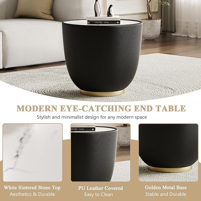Black Round Side Table, 19.7" Faux Marble Fluted End Table