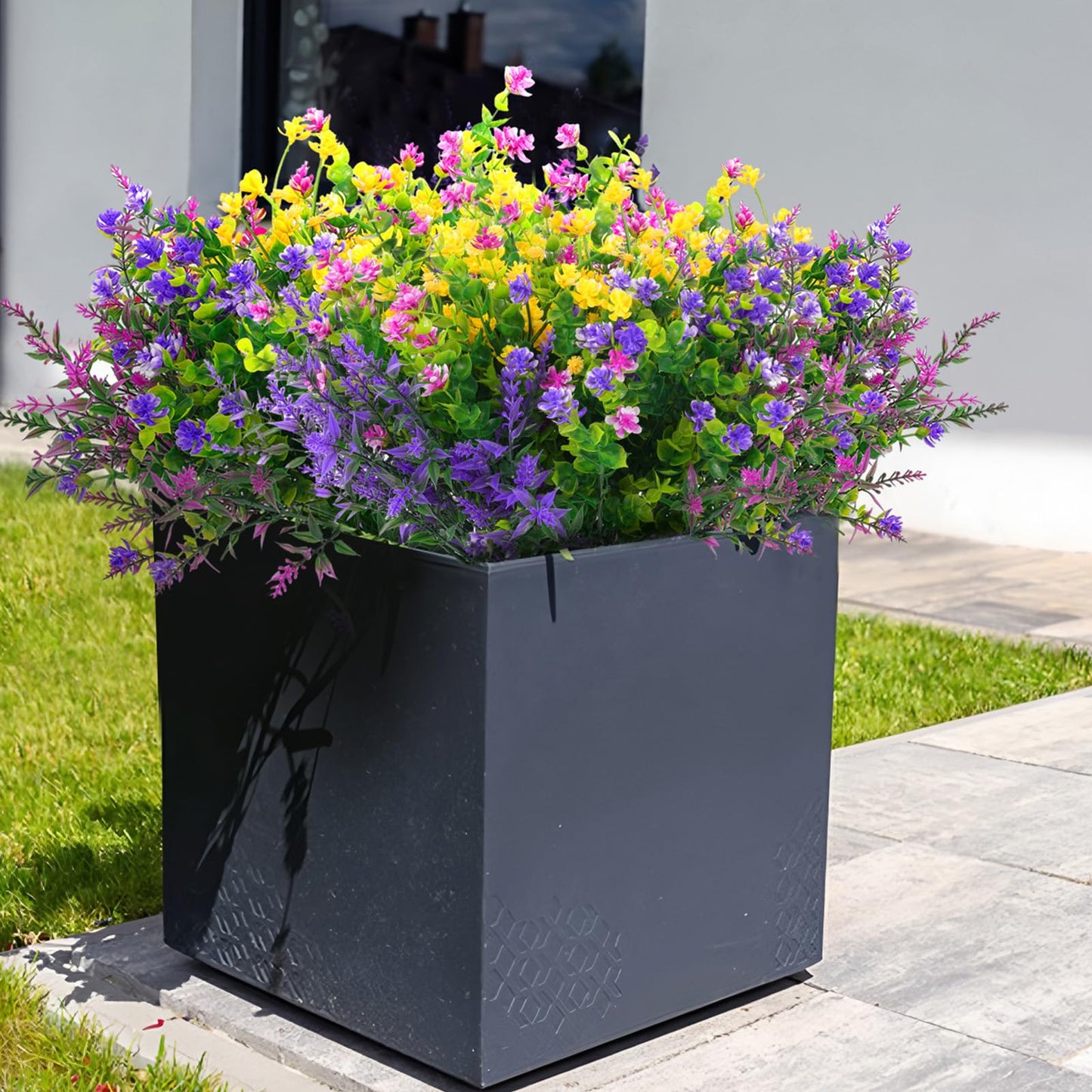 Hananona 12 Pcs Artificial Flowers Outdoor, Faux Artificial Plants UV Resistant Plastic Flower Bulk for Hanging Planter Porch Window Home Wedding Fall Summer Decor (12, Fuchsia, Purple, Yellow, Green)
