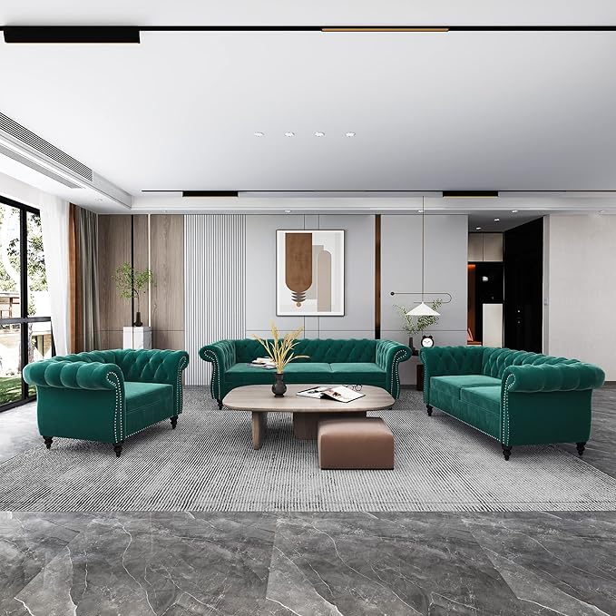 3 Piece Living Room Set, Velvet Chesterfield Sofa Loveseat Couch Chair