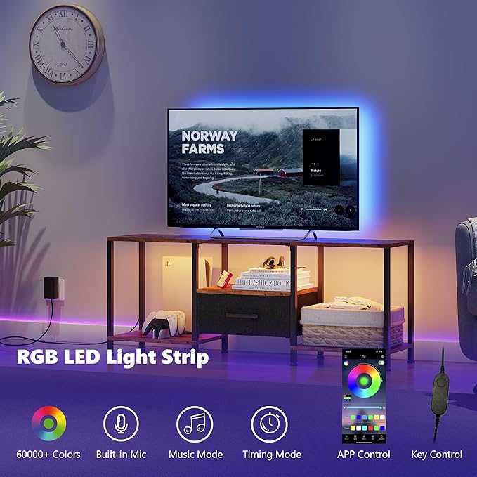 JARHETUN TV Stand with LED Lights, Entertainment Center with Open Shelves and