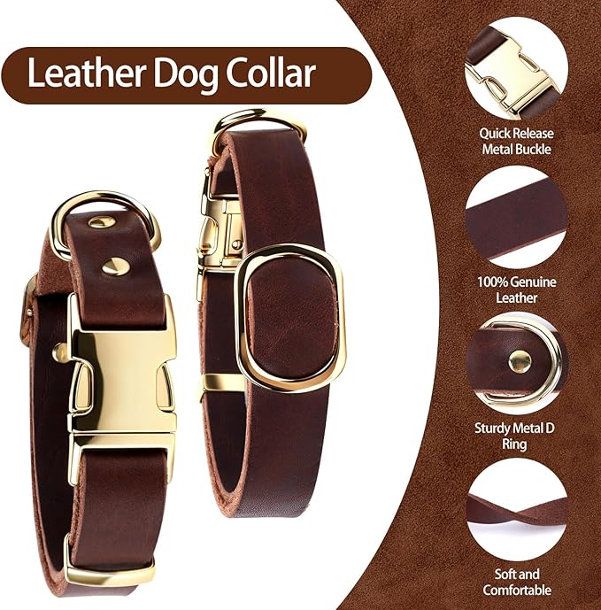 Leather Dog Collar and Leash Set, 6FT Heavy Duty Leather Training Leash with Adjustable Dog Collar, Soft and Durable Dogs Leashes and Collars Set for Small Medium Large Dogs (Brown, M)
