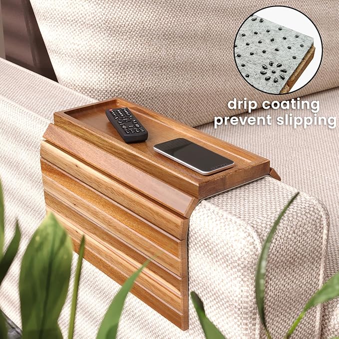 Sofa Arm Tray, Acacia Wood Folding Couch Arm Tray, Sofa Armrest Trays