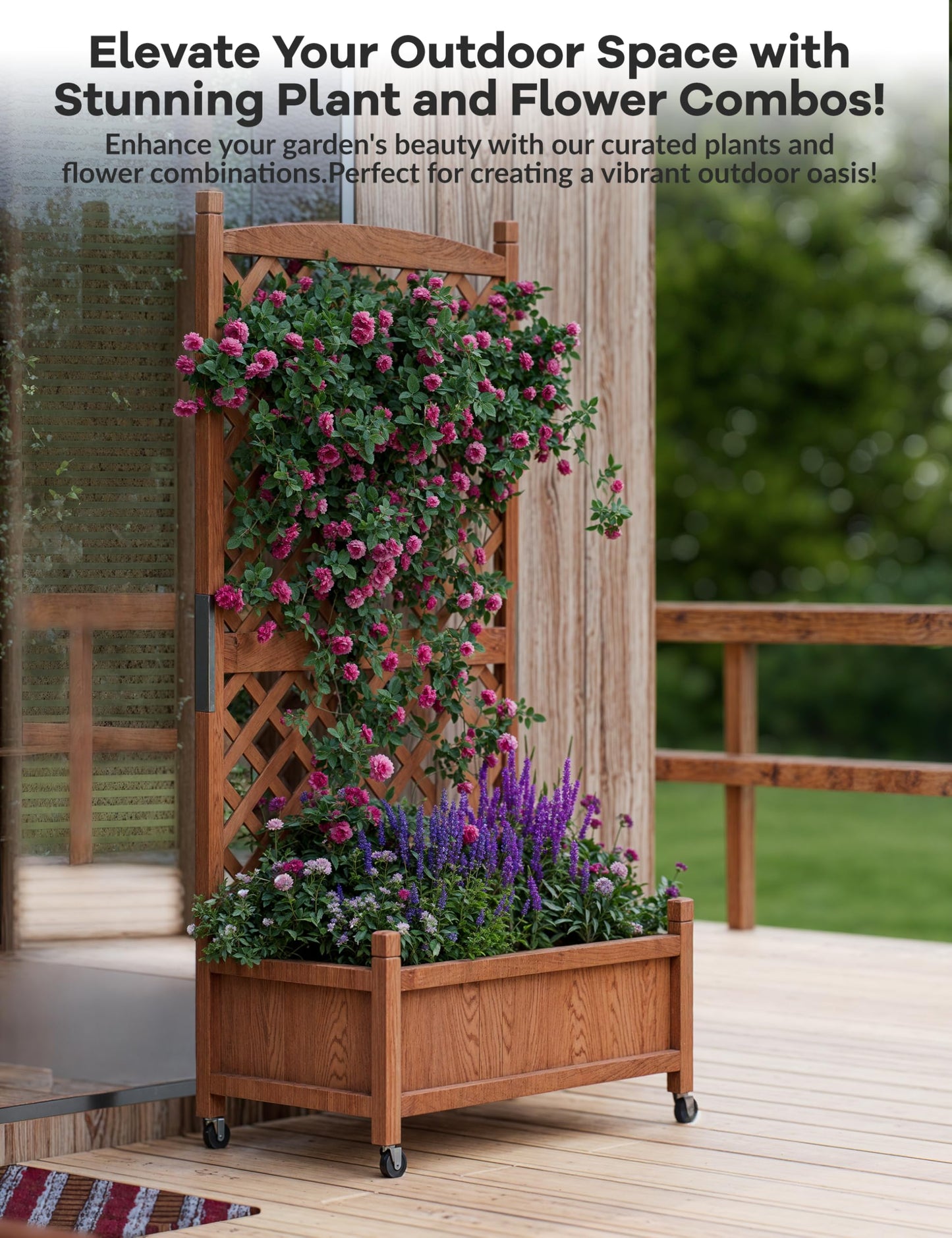 29.5 in x 13 in x 61.5 in Wood Planter Box With Trellis For Plant & Flower, Raised Garden Bed With Wheels, Standing Vertical Horticulture Trellis Planter With Drainage Holes for Patio Garden, 2PCS
