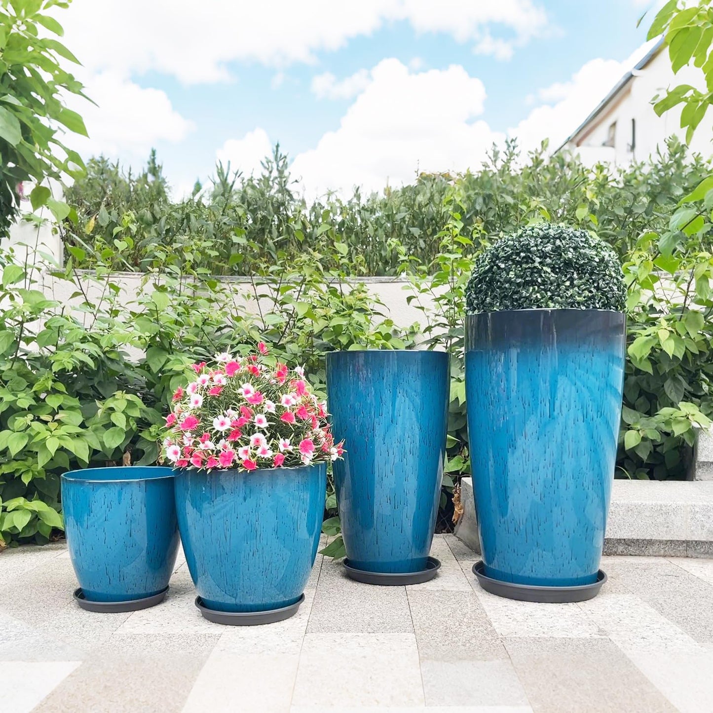 ZMTECH 24/21/12/10" H Large Plastic Planters with Drainage Hole & Saucer, Set of 4 Tall Plant Pots for Indoor/Outdoor Use, Gradient Blue Glossy Smooth Flower Pot for Front Porch Patio Garden