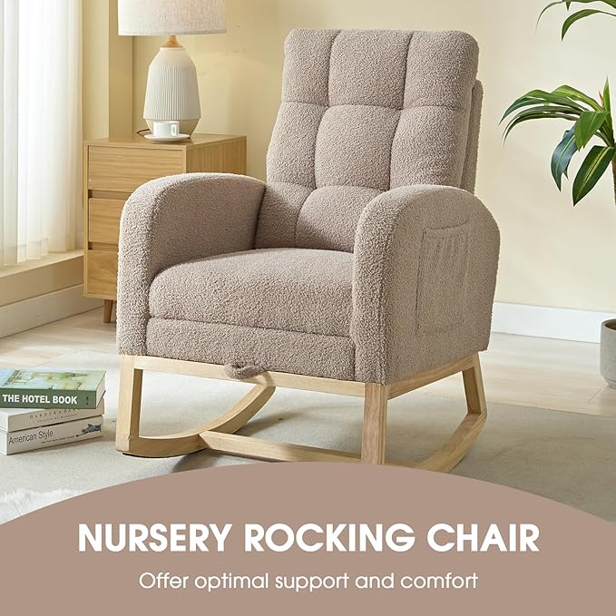 NIOIIKIT Modern Nursery Rocking Chair, Teddy Upholstered Rocking Chair