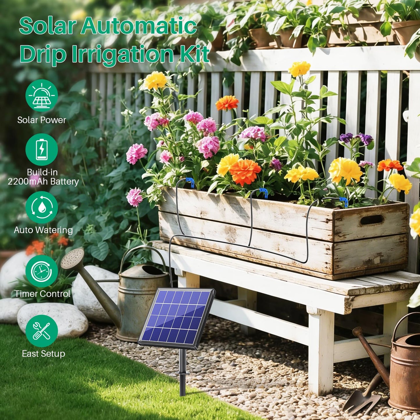 NFESOLAR 3W Solar Automatic Drip Irrigation Kit with LCD Timer, Customizable Watering Duration 1–30min & Interval 3h–7d, Anti-Siphoning Device for Potted Plants, Balcony, Garden, Patio, Vacation