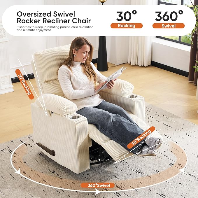 Swivel Rocker Recliner with Adjustable Armrests, Rocking Nursery Chair with