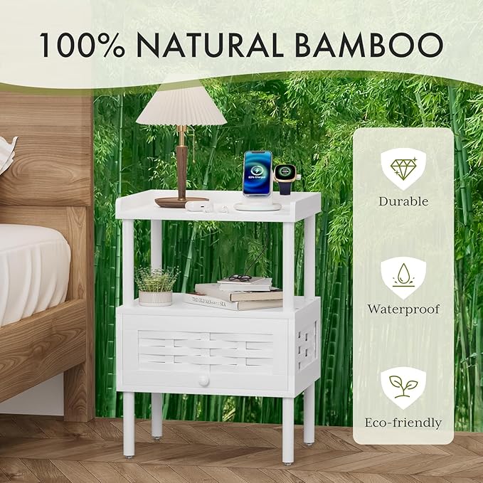 Amazer White Nightstand with Charging Station, Bamboo Night Stand
