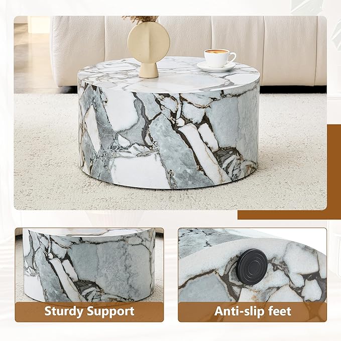 Round Coffee Table, 23.6" Modern Faux Marble Drum Coffee Table, Round Accent