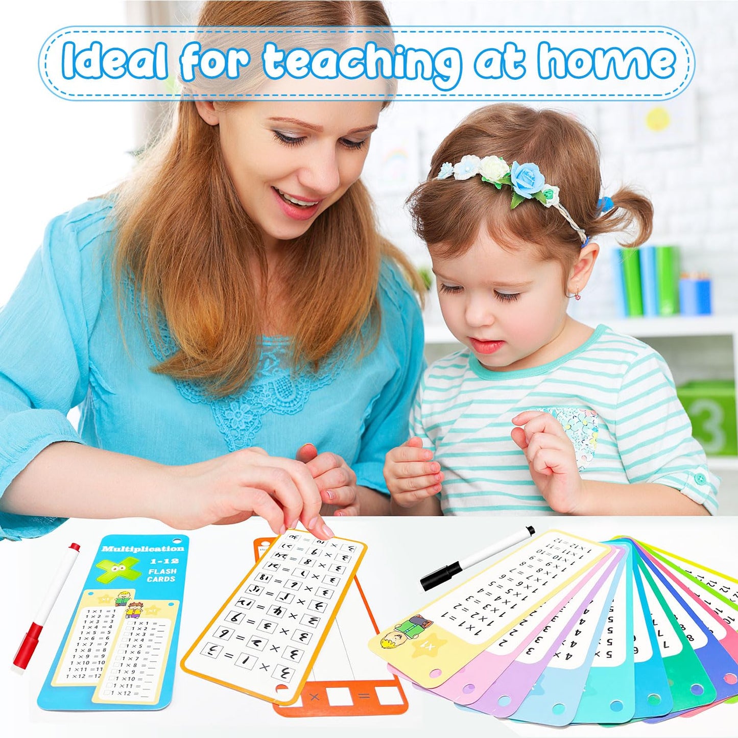 Anemeeoke 1-12 Multiplication Flash Cards, Large Math Table Flashcards, Including 15 Cards, 2 Dry Erase Markers, 1 Rings, Educational Times Table Flashcards for Classroom Home, for 1st to 3rd Grades