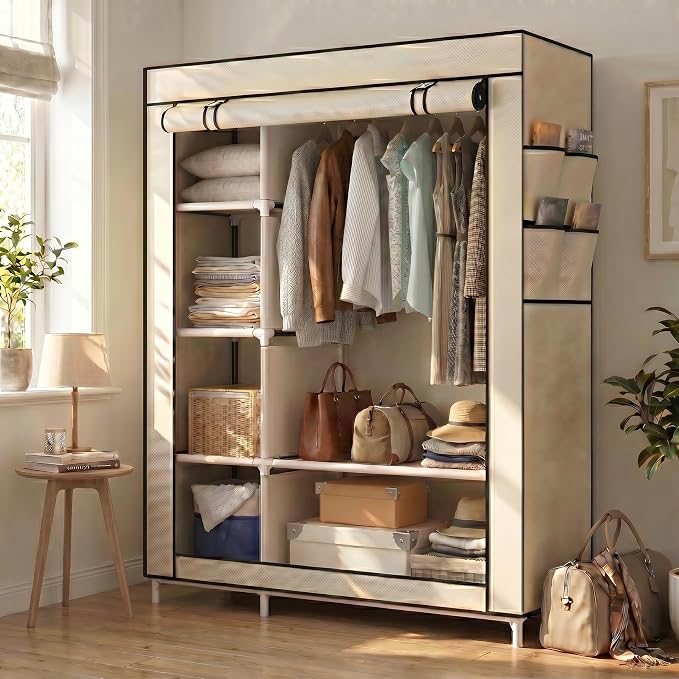 Calmootey Portable Closet Organizers, Clothing Storage, Wardrobe with 6 Shelves and Hanging Rod, Non-Woven Fabric Cover with 4 Side Pockets, Beige