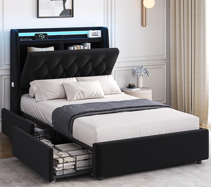 Twin LED Velvet Bed Frame with 2 Storage Drawers&Hidden Headboard, Upholstered