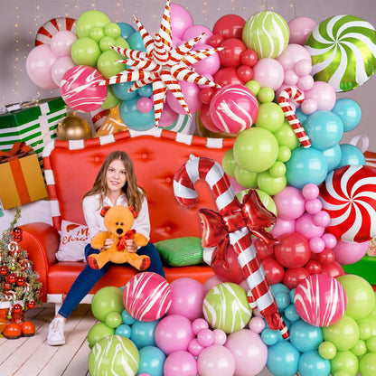 Christmas Balloon Garland Arch Kit, 121Pcs Pastel Green Pink Teal Blue Red Sand Tie Dye Balloons with Large Cane Candy Windmill Star Foil Balloon for Xmas Merry Christmas Party New Year Decorations