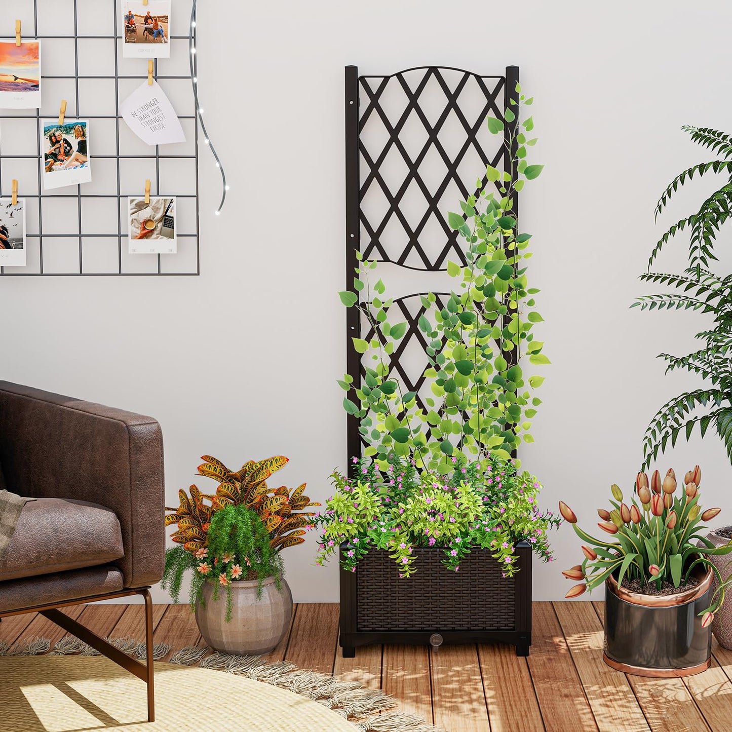 Giantex Raised Garden Bed with Trellis, Garden Planter for Vine Climbing Plant Vegetable Herb Flower, Outdoor Standing Garden Bed with Drainage Hole for Yard Balcony Entryway 16"x16"x 48"