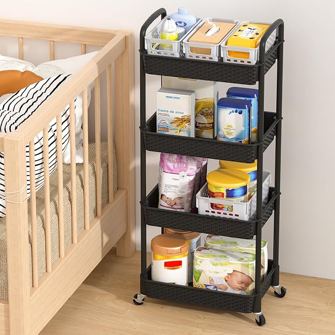 MOYIPIN 4-Tier Plastic Rolling Utility Cart with Handle, Utility Storage Cart for Office, Living Room, Kitchen, Movable Storage Organizer Shelves, Black
