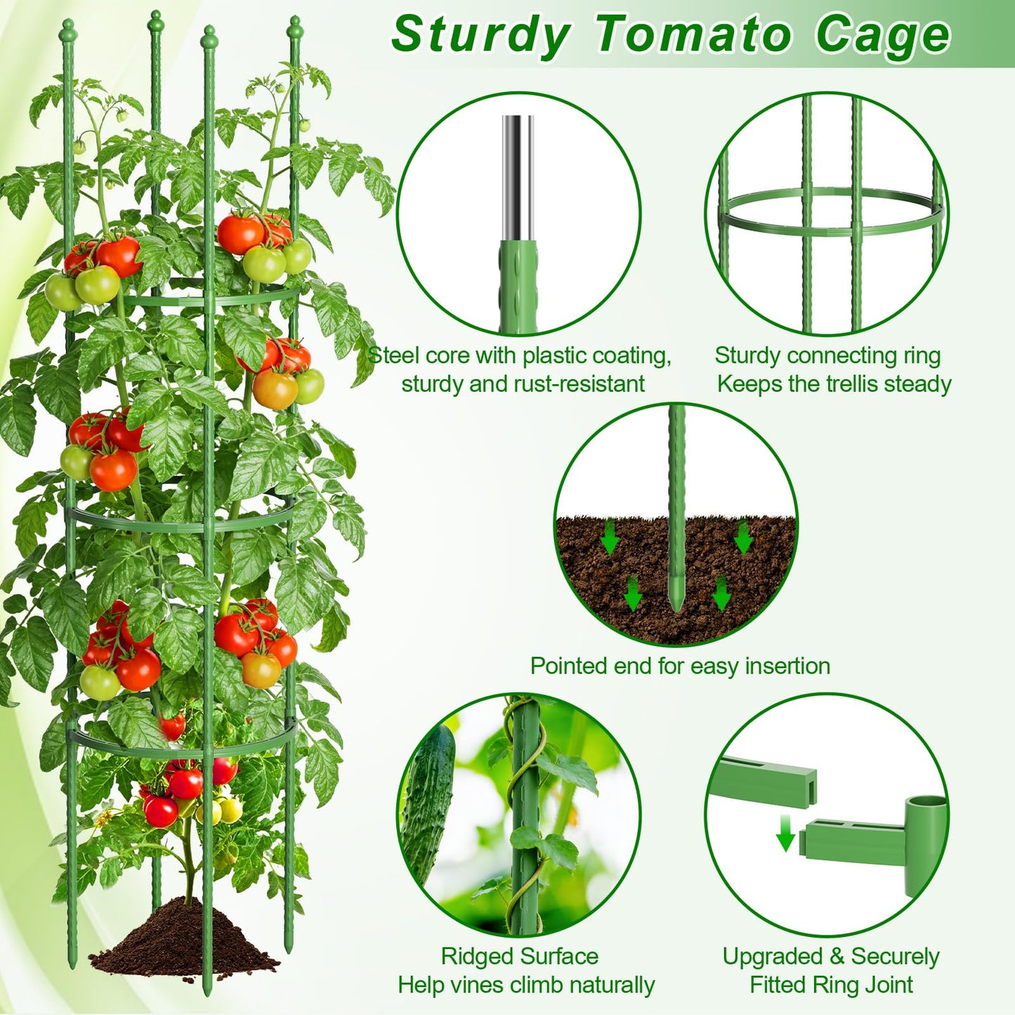 Fabulas Tomato Cage, 59 Inch Adjustable Tomato Plant Support Cages for Garden and Pots, Steel Core Plastic Coated Trellis for Raised Bed Climbing Plants Cucumber Beans Vegetable Flower Fruit, 3 Pack