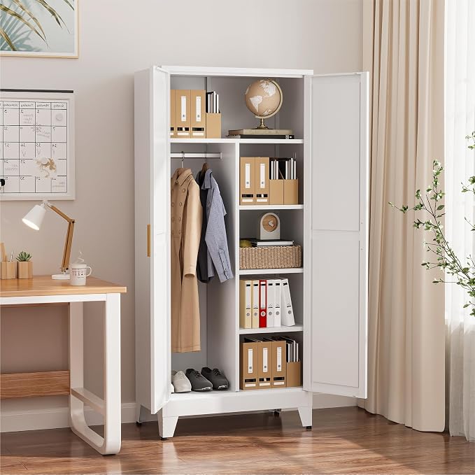 COFaR 71" Metal Wardrobe Closet with Adjustable Shelves & Hanging Rod, Freestanding Armoire with Top Storage & Two-Section Design, White Steel Storage Cabinet for Bedroom
