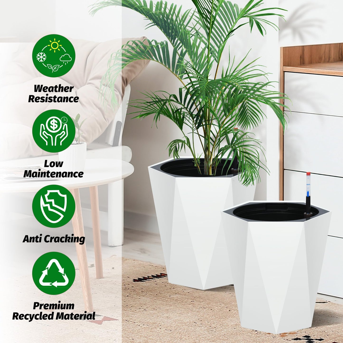 GarveeLife 16 Inch Tall Planters Set of 2, Outdoor Planters Self Watering Plant Pots with Water Level Monitor, Multiple Drainage Holes, Flower Pots for Patio, Porch, Living Room, or Home Office, White