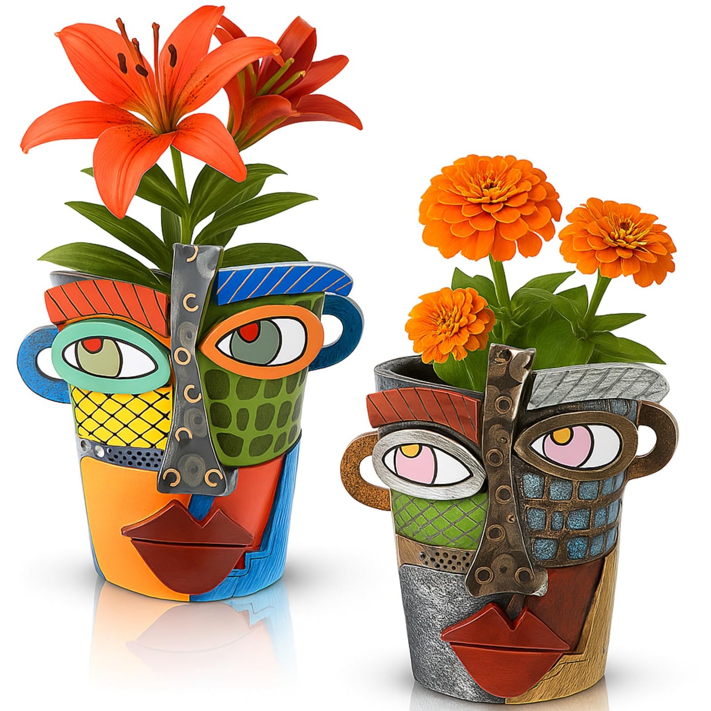 LemonRoad 2 Pcs Abstract Picasso Face Pots Head, Mexican Flower Pots with Drainage, Unique Decorative Head Plant for Indoor Outdoor, Funky Gift