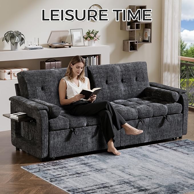 Convertible Sleeper Sofa Bed, 86 Inch Chenille Pull Out Couch