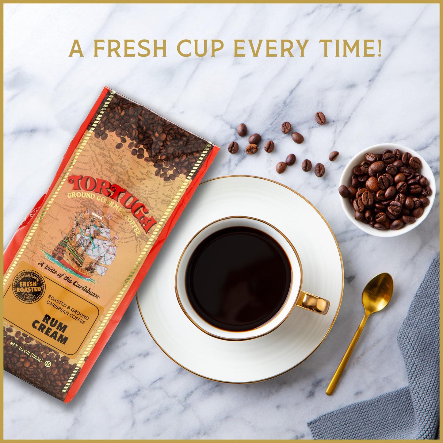TORTUGA Caribbean Rum Cream Flavored Coffee- Roasted and Ground Coffee 10oz - The Perfect Premium Gourmet Gift for Gift Baskets, Parties, Holidays, and Birthdays