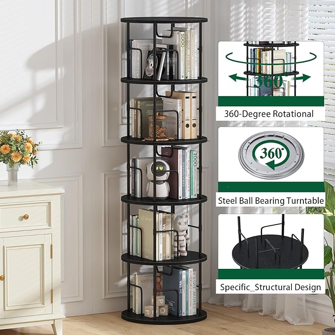 5Tier Rotating Bookshelf, Spinning Bookshelf Tower, 360 ° Display Space Saving