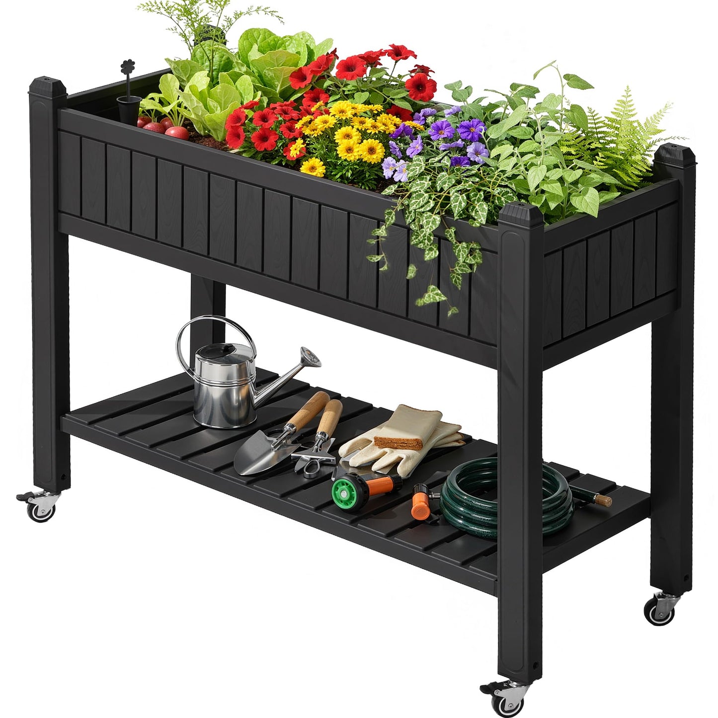 YITAHOME 42.5x17.3x35.4 in Raised Garden Bed, Outdoor Plastic Planter Box with Wheels, Legs, Drain Plug, and Storage Shelf for Plants, Vegetables, Flowers, Herbs, Black