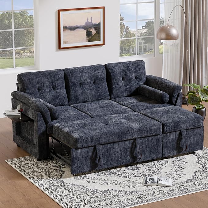 Convertible Sleeper Sofa Bed, 63 Inch Chenille Pull Out Couch