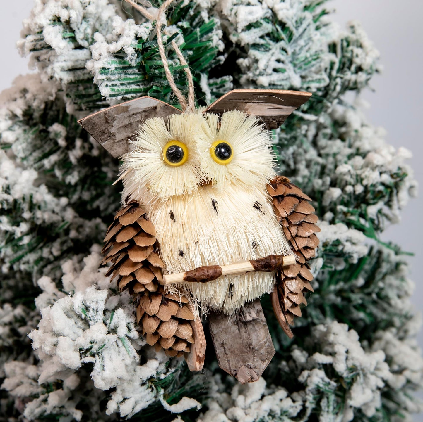 Cartanfill-Woodland Animal Owl Ornaments, Wood and Sisal, Set of 6 Assorted, Christmas Tree, Thanksgiving