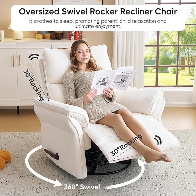 Rocking Chair Nursery with Adjustable Headrest, Manual Swivel Rocker Recliner