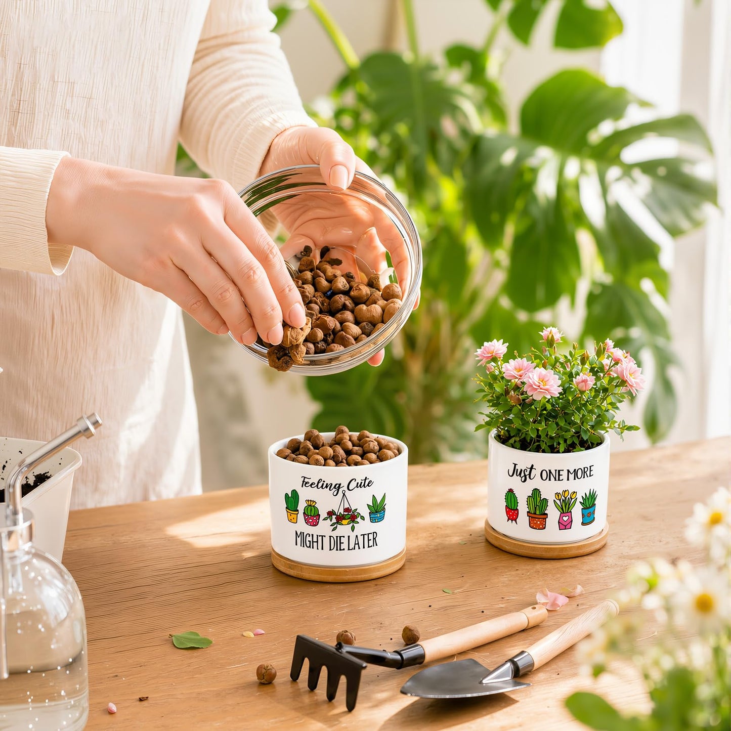 Acellegic 6 Pcs Funny Succulent Plant Pots with Bamboo Trays Mini Ceramic Flower Pots Cute Cactus Planters for Indoor Women Plant Lovers Nurse, Plants Not Included