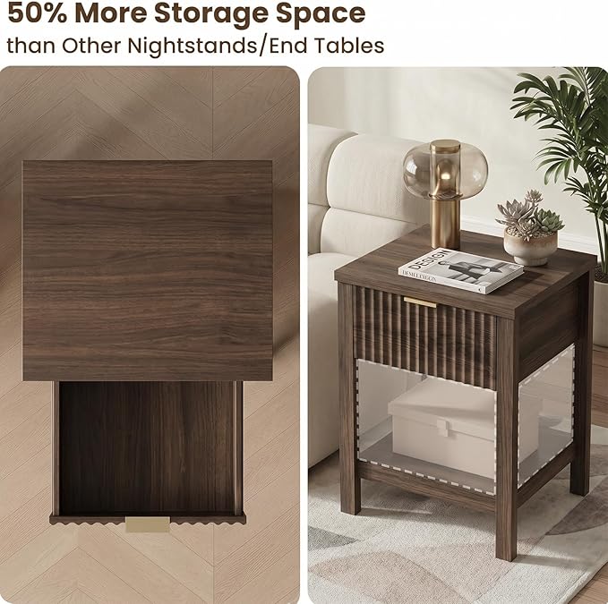 Fluted Night Stand with Golden Handle, Bedside Table with Storage Shelf