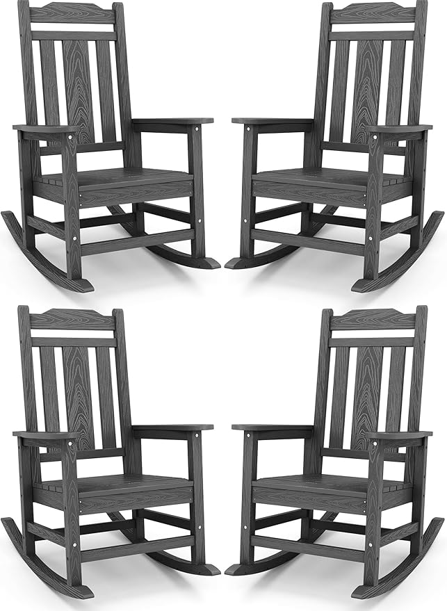 SERWALL Gray Outdoor Rocking Chair Set of 4, All Weather Patio Rocking Chair
