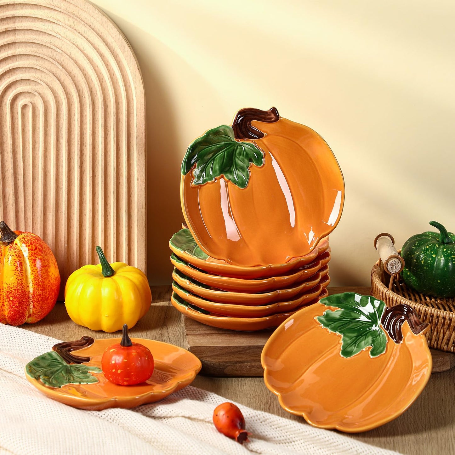 FillTouch 8 Pcs 5.91'' Ceramic Pumpkin Plates Fall Candy Dishes Platters Harvest Serving Bowl for Halloween Autumn Party Supplies Dinnerware(Orange)