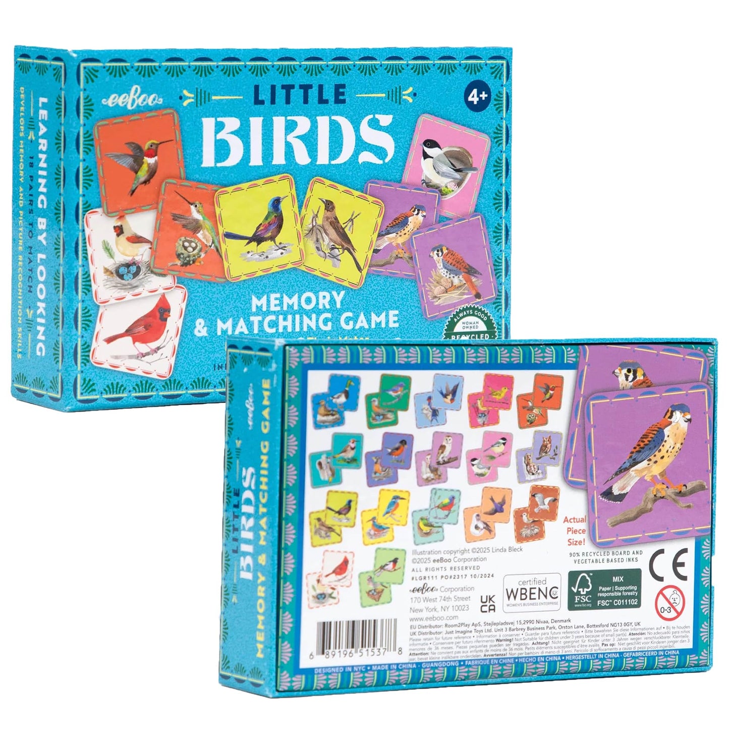 eeBoo: Memory & Matching Game- Little Birds- 18 Illustrated Matching Pairs, Concentration Tile Game, Informational Insert, Kids Ages 4+, 1-4 Players