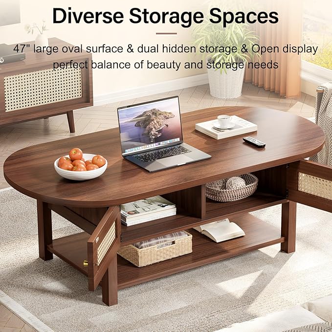 LVB Rattan Coffee Table, Boho Wood Living Room Table