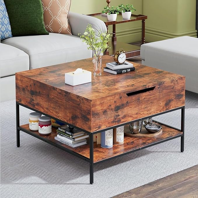 Coffee Table with Storage, Square Coffee Table with Display Shelf and Hidden
