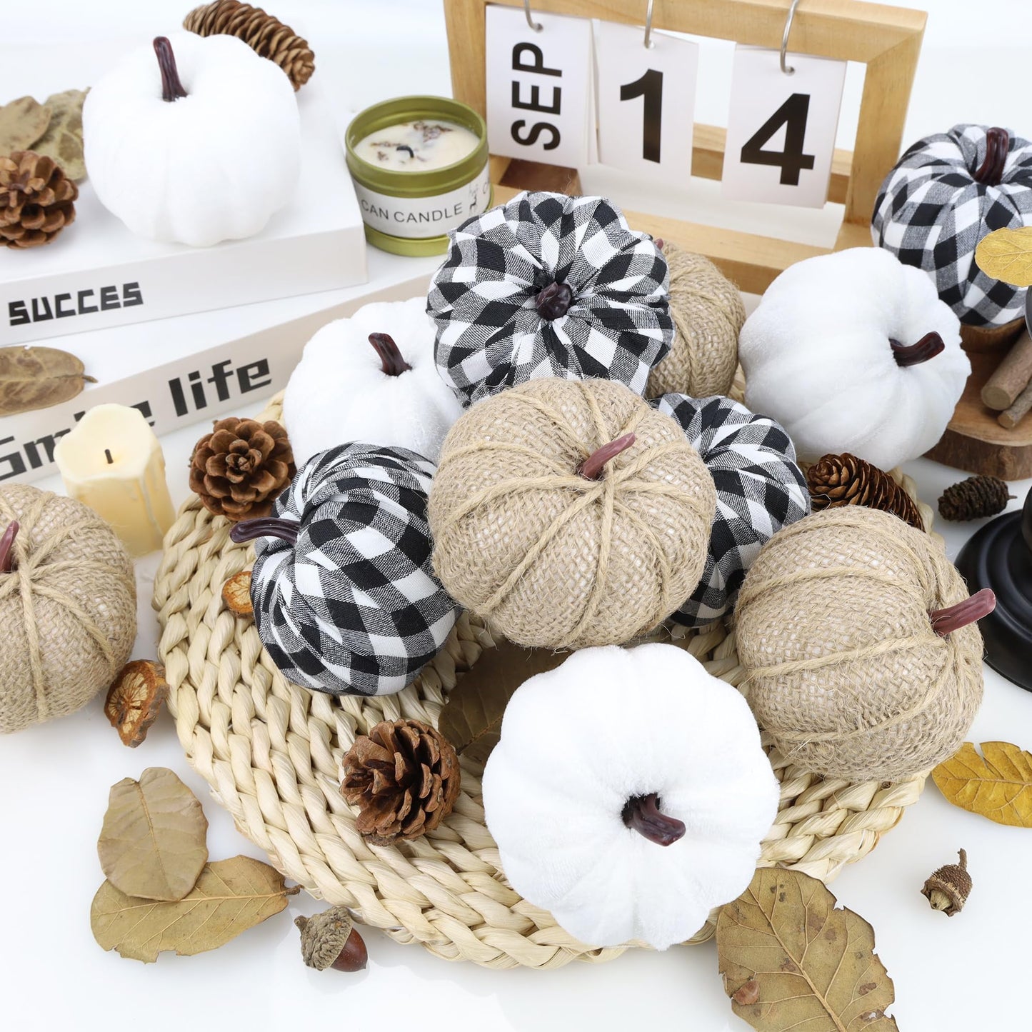 SITUMEIZI 12 Pcs Pumpkins Fake Harvest Velvet Pumpkin White Black Small Faux Fabric Foam Pumpkin for Fall Decor Wedding Thanksgiving Halloween Home Farmhouse Decoration(Burlap)