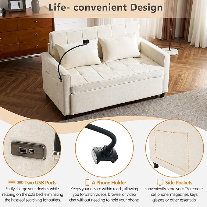 3 in 1 Convertible Sleeper Sofa Bed, 56.9" Small Pull Out Couch Bed