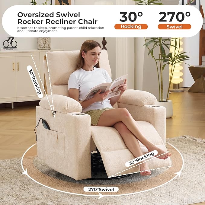 Rocking Chair Nursery with Adjustable Armrests, Electric Glider Recliner