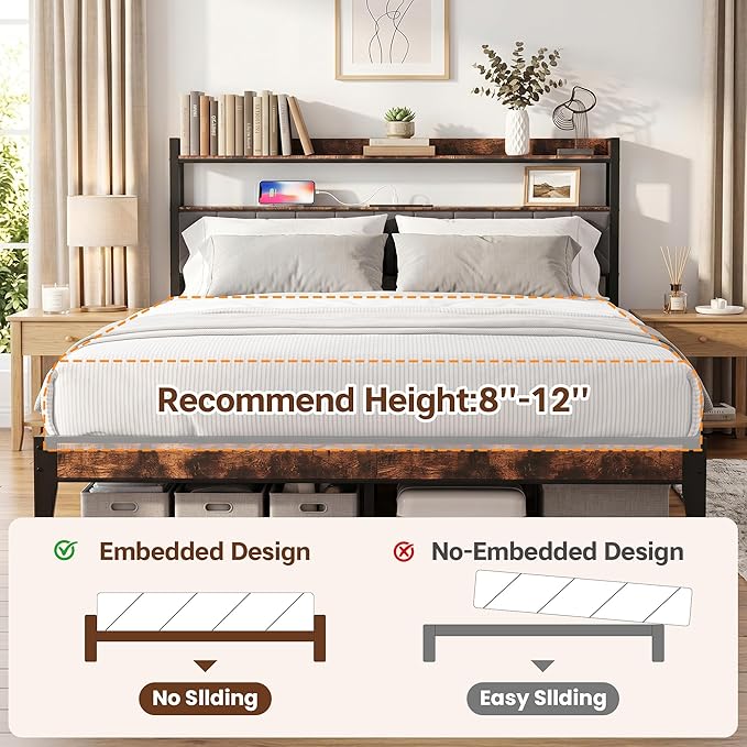 King Size Bed Frame with Charging Station, King Bed Frame with Upholstered