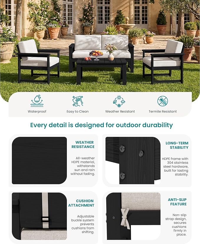 SERWALL 3 Pieces HDPE Outdoor Sofa Bistro Set