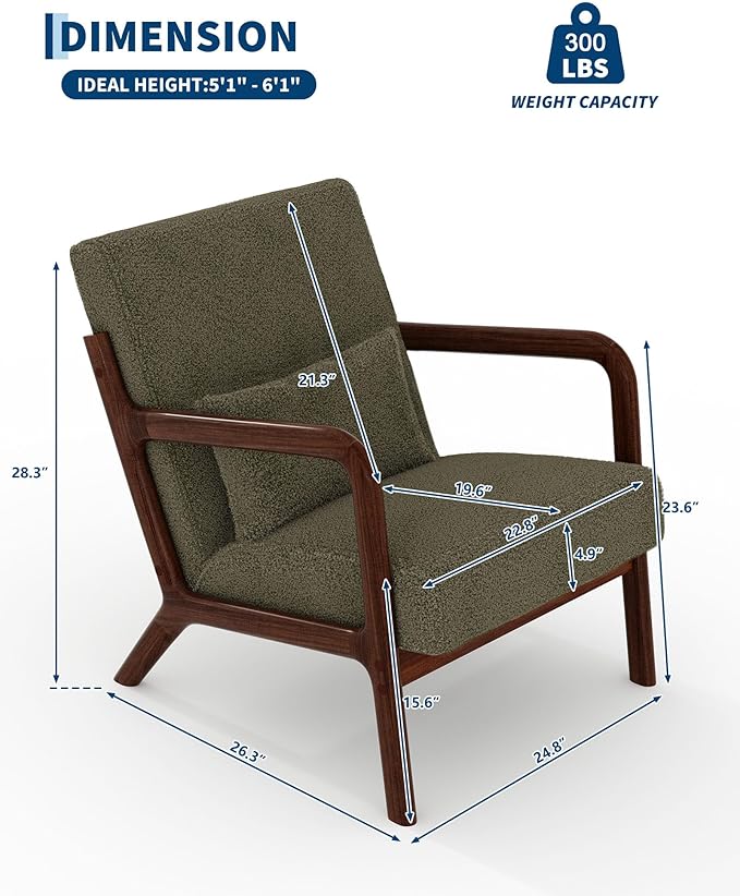 Garvee Mid-Century Modern Accent Chair, Sherpa Upholstery, Solid Wood Armchair