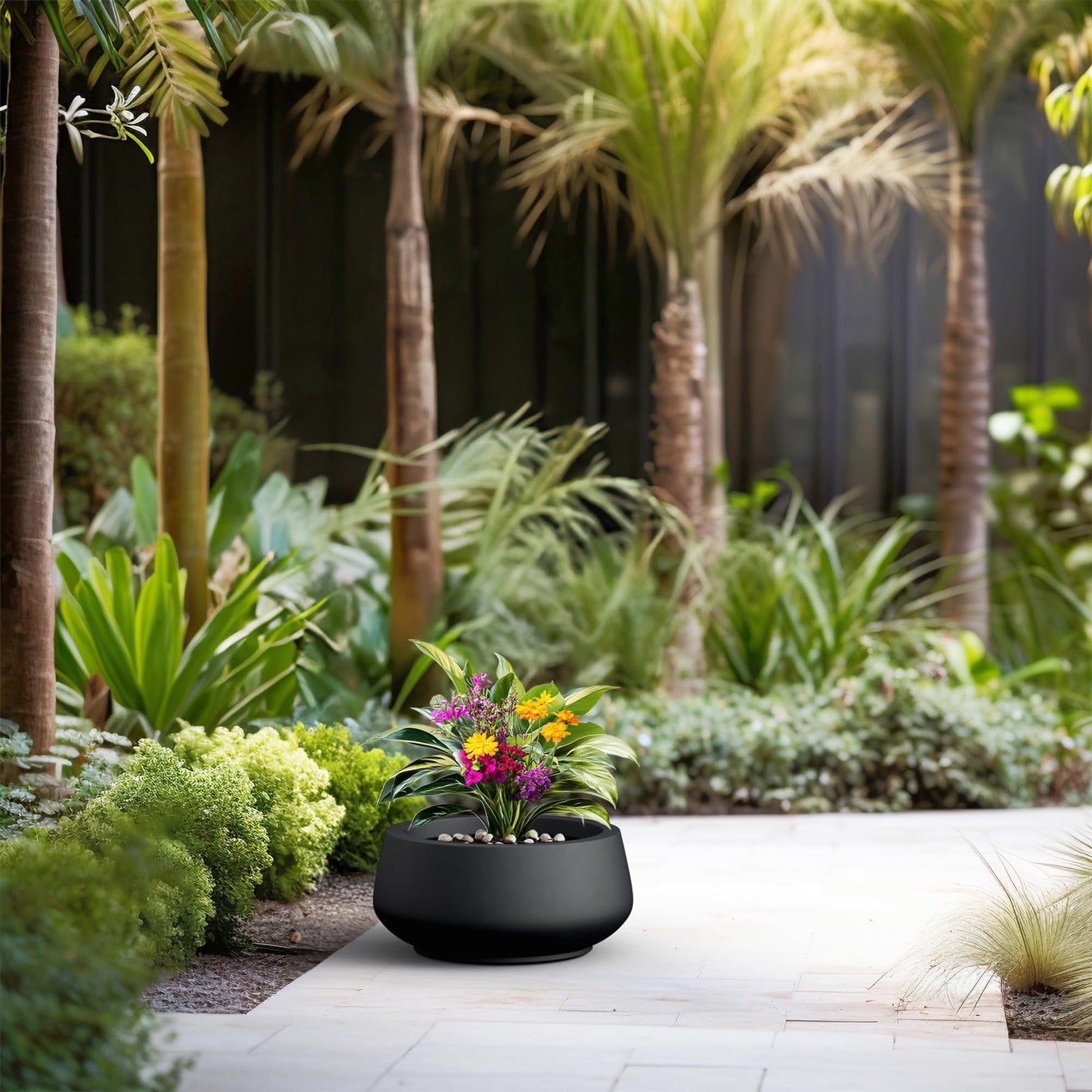 Kante 16.9" Dia Round Concrete Bonsai Planters, Outdoor Indoor Garden Plant Pot with Drainage Hole for Home, Patio, Garden, Black