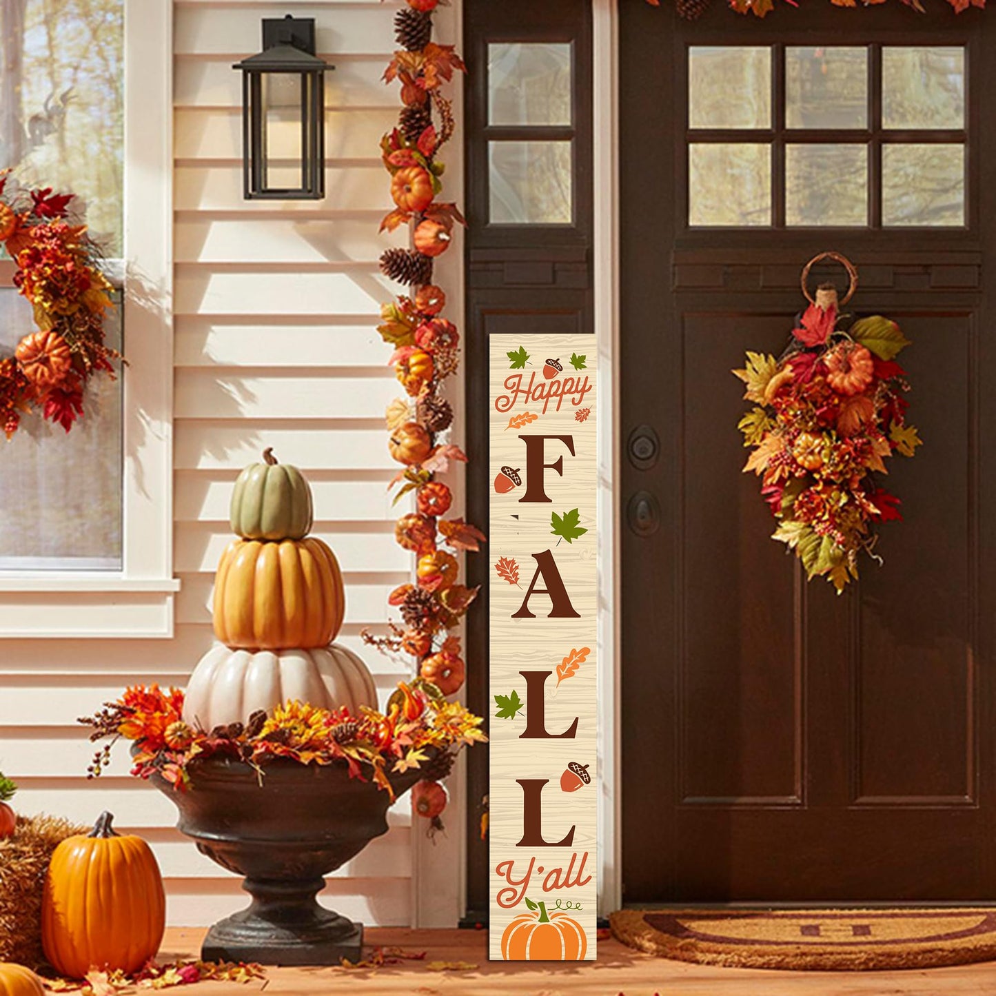 Happy Fall Sign Autumn Front Door Hanging Decor Welcome Sign Wooden Vertical Indoor Outdoor Standing Sign For Garden Home Yard Farmhouse Porch 47.2 x 7.8 Inch