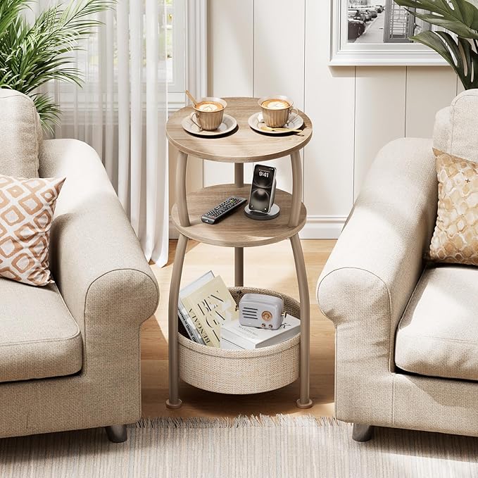 Small Side Table with Storage Basket, Space Saving Round End Table 3-Tier