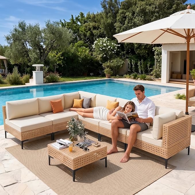 ABCASA Patio Furniture Set, Boho Patio Conversation Set Sectional Sofa